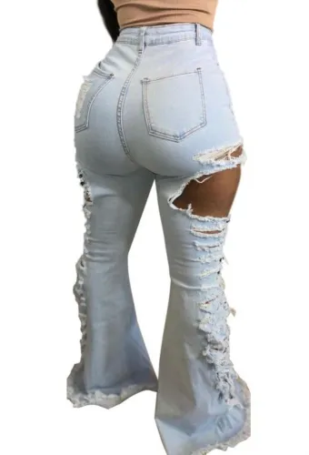 Tendy Light Blue Ripped High Waist Bell Bottom Denim Jeans