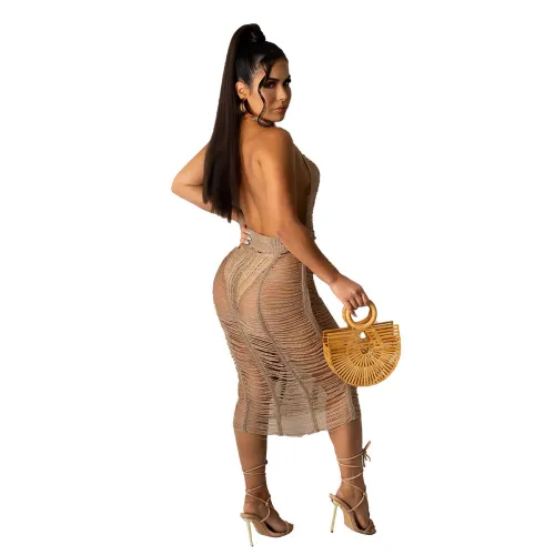 Khaki Hollow Out See Through Ripped Halter Beach Dress Cover Up