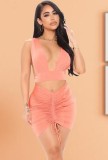 Sexy Plunge Crop Top and Ruched Drawstrings Mini Skirt Set
