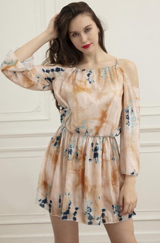 Casual Tie Dye Cold Shoulder 3/4 Sleeve Short Dress