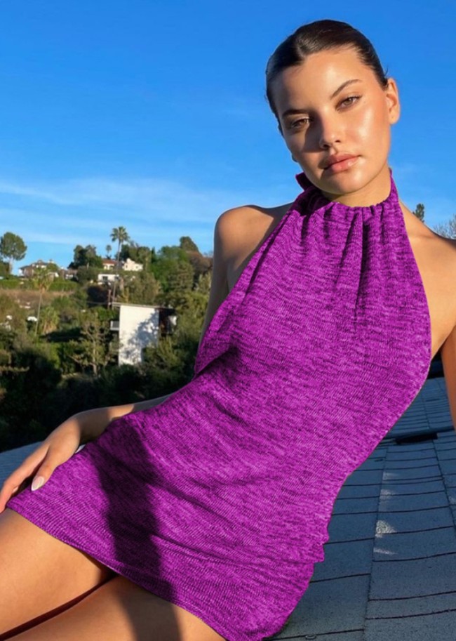Purple & Gray Sexy Halter Backless Knitted Mini Dress