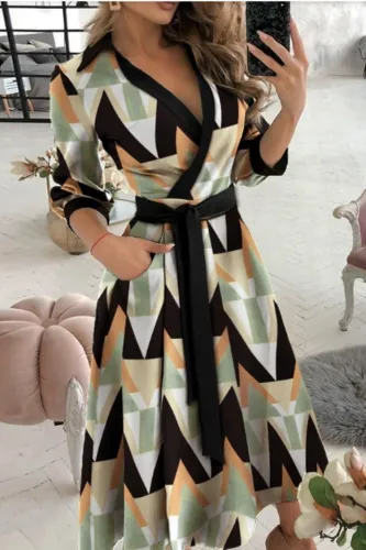 Trendy Geommetric Print Collar Wrap Skater Dress with 3/4 Sleeves