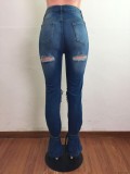 Stylish Slit Bottom Ripped Holes Blue Jeans