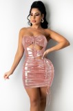 Hot Sale Sexy Metallic Cut Out Ruched Strapless Club Dress