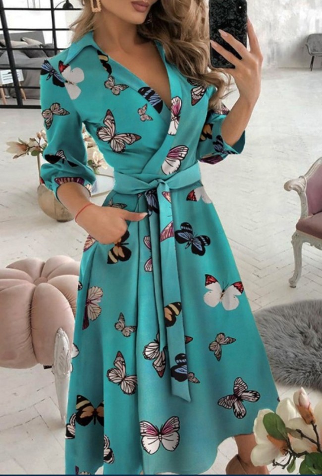 Trendy Butterfly Print Collar Wrap Skater Dress with 3/4 Sleeves