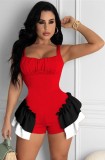 Red Strap Bodycon Rompers with Contrast Ruffles
