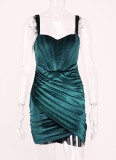 Retro Green Velvet Ruched Strap Mini Dress