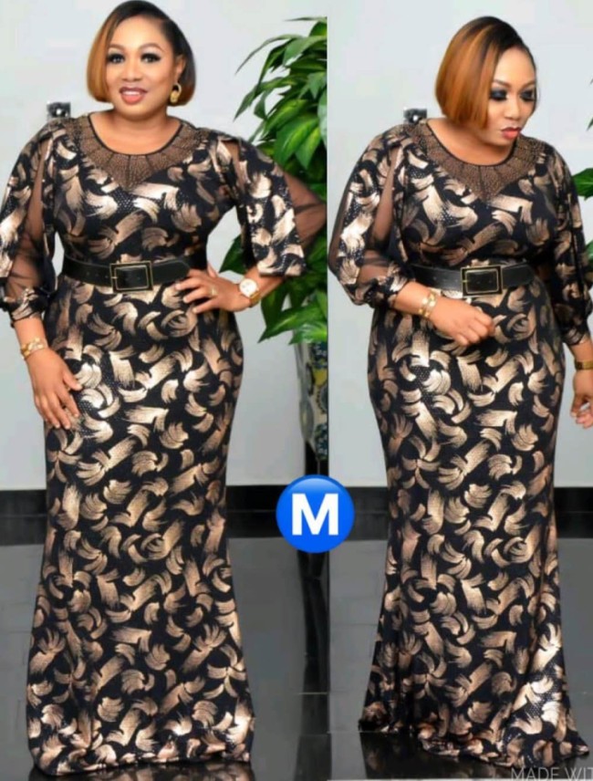 Plus Size African Style Print Long Dress with 3/4 Sleeves