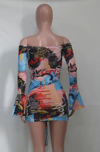 Print Sexy Off Shoulder Flare Cuff Ruched Drawstrings Mini Dress