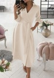 Trendy Beige Collar Wrap Skater Dress with 3/4 Sleeves