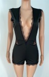 Black Lace Trim Sexy Plunging Rompers