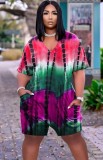 Casual Tie Dye V-Neck Loose Short Sleeve Rompers with Pockets