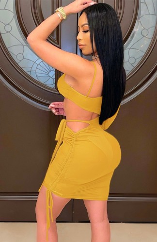 See Through Yellow Cut Out Mini Bodycon Dress with Single Sleeve