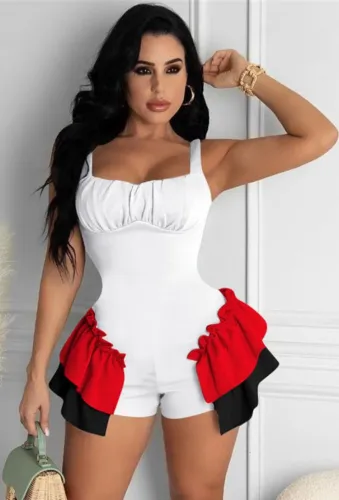 White Strap Bodycon Rompers with Contrast Ruffles