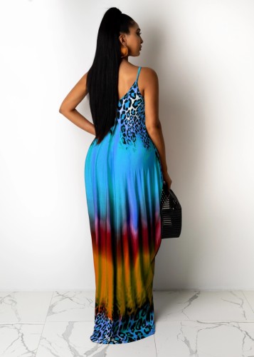 Gradient Leopard Print Colorful Cami Loose Maxi Dress