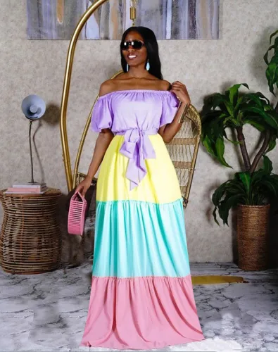 Color Block Off Shoulder Half Sleeve Maxi Dress