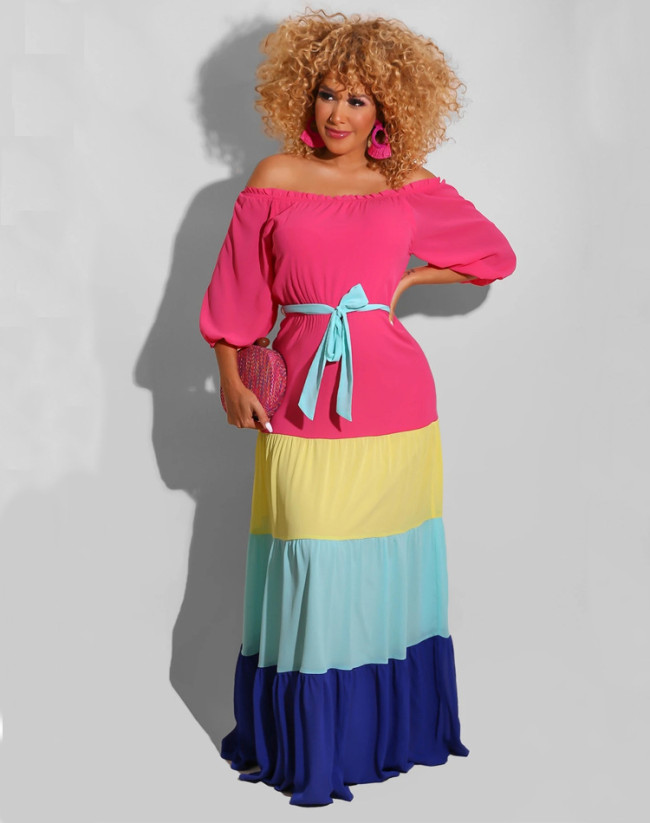 Color Block Off Shoulder Half Sleeve Maxi Dress