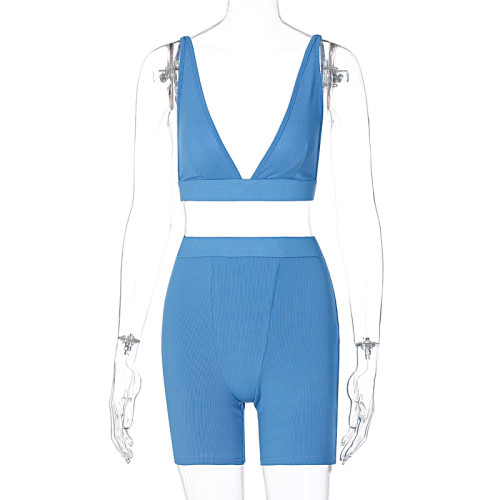 Blue Deep-V Bra Top and Shorts Two Piece Matching Set