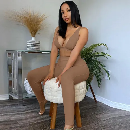 Khaki Bra and Elastic Waist Legging Set