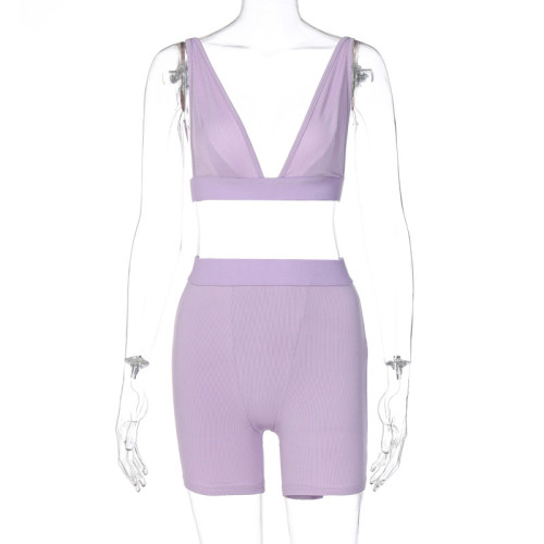 Purple Deep-V Bra Top and Shorts Two Piece Matching Set