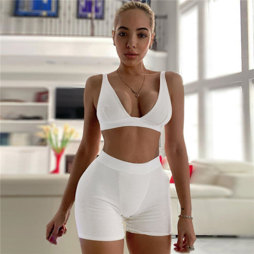 White Deep-V Bra Top and Shorts Two Piece Matching Set