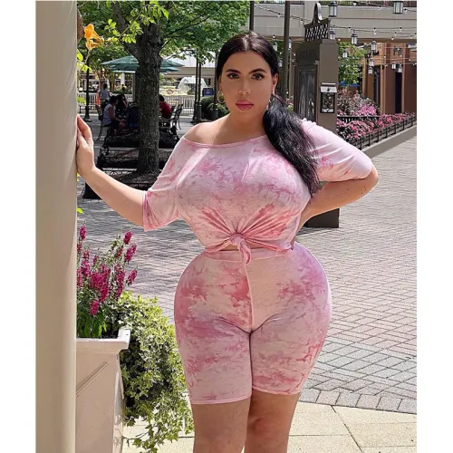 Plus Size Tie Dye Pink T-Shirt and Biker Shorts 2pcs Set