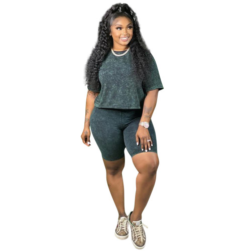 Casual Green O-Neck Matching Two Piece Shorts Set