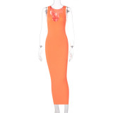 Sexy Orange Ribbed U Neck Bodycon Tank Dress