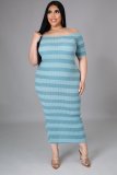 Plus Size Light Blue Ribbed Stripes Short Sleeve Long Dress