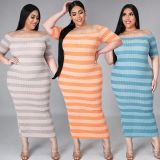 Plus Size Light Blue Ribbed Stripes Short Sleeve Long Dress