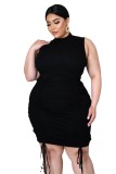 Plus Size Ribbed Drawstring Ruched Sleeveless Bodycon Dress
