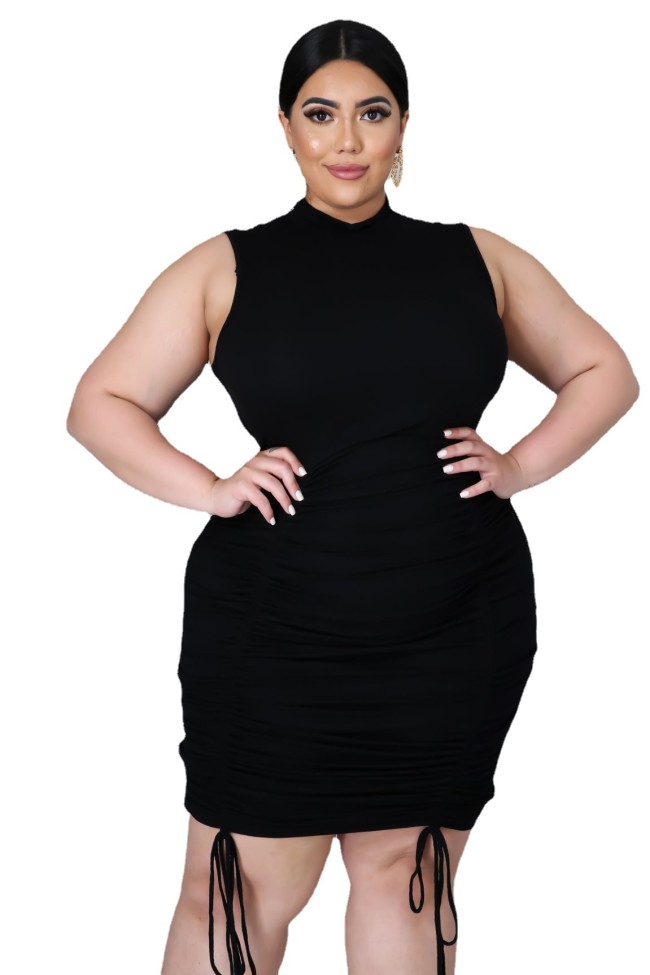 Plus Size Ribbed Drawstring Ruched Sleeveless Bodycon Dress