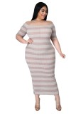 Plus Size Ribbed Stripes Short Sleeve Long Dress