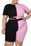 Color Block Plus Size Ribbed Two  Piece Shorts Set