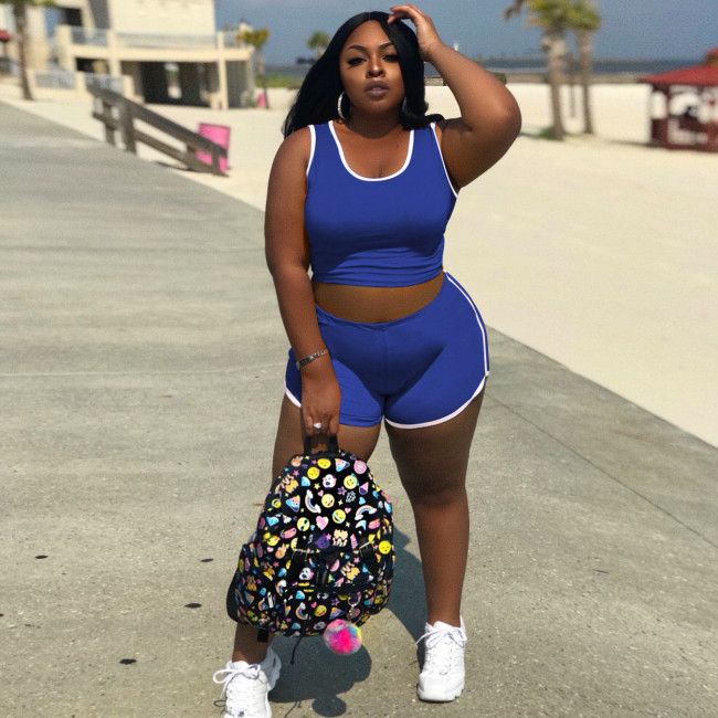 Plus Size Sports Two Piece Biker Shorts Set in Blue