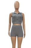 Grey Textured Sleeveless Crop Top and Shorts Sports Suit