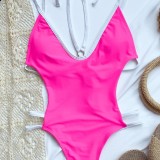 Hot Pink Hollow Out Halter One Piece Swimsuit