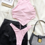 Solid Color Halter High Cut Two Piece Swimwear