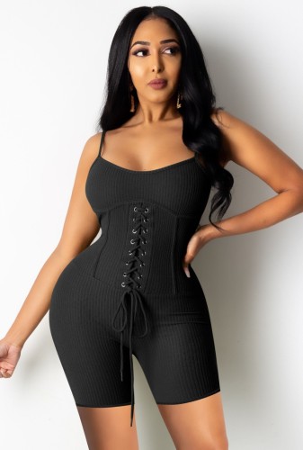 Sexy Black Lace Up Bodycon Ribbed Cami Rompers