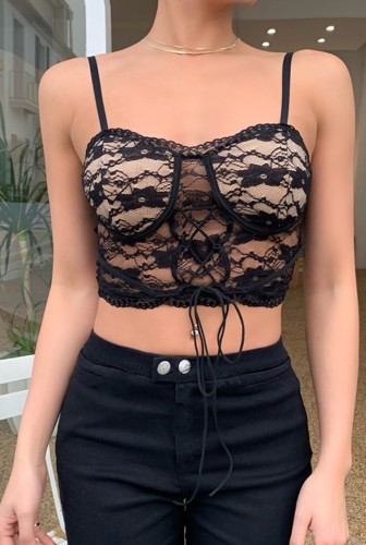 Black Lace-Up Sexy Lace Cami Crop Top