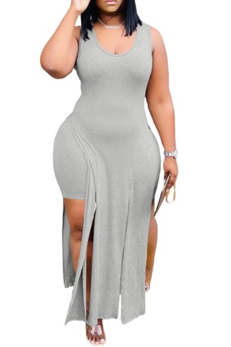 Plus Size Grey Side Slit Long Top and Shorts Set