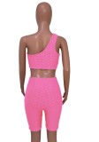 Pink Textured Sexy One Shoulder Crop Top and Shorts Set