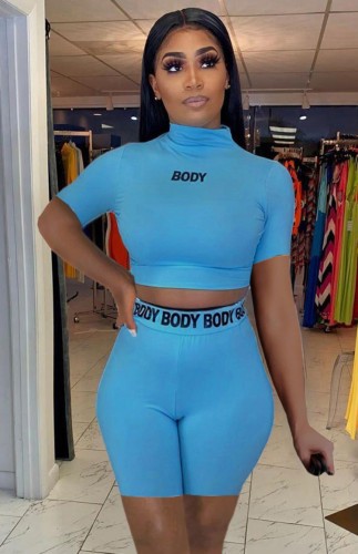 Letter Print Blue Bodycon Crop Top and High Waist Shorts Set