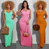 Pink Ruffles Strap Ribbed Slit Maxi Dress