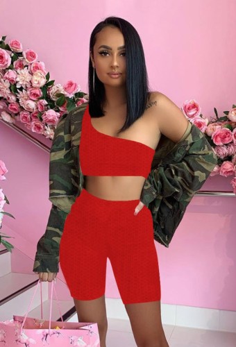 Red Textured Sexy One Shoulder Crop Top and Shorts Set