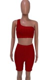 Red Textured Sexy One Shoulder Crop Top and Shorts Set