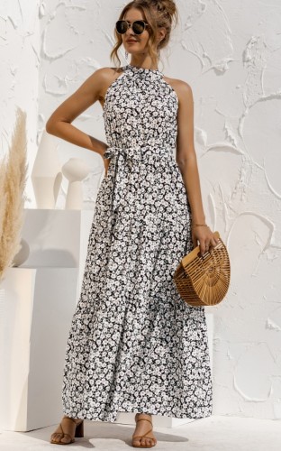 Floral Print Halter Resort Maxi Dress with Belt