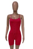 Sexy Red Lace Up Bodycon Ribbed Cami Rompers