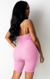Sexy Pink Lace Up Bodycon Ribbed Cami Rompers