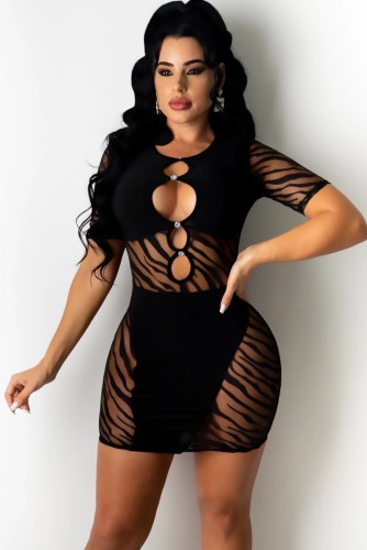 Black Sexy Hollow Out Short Sleeve Mini Bodycon Dress